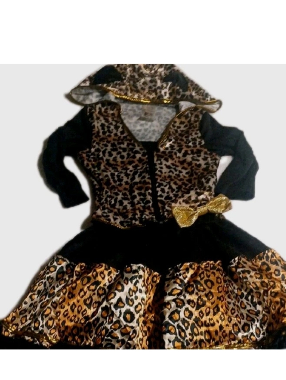Girls Leopard Print Hooded Costume Dress with Gold Trim
